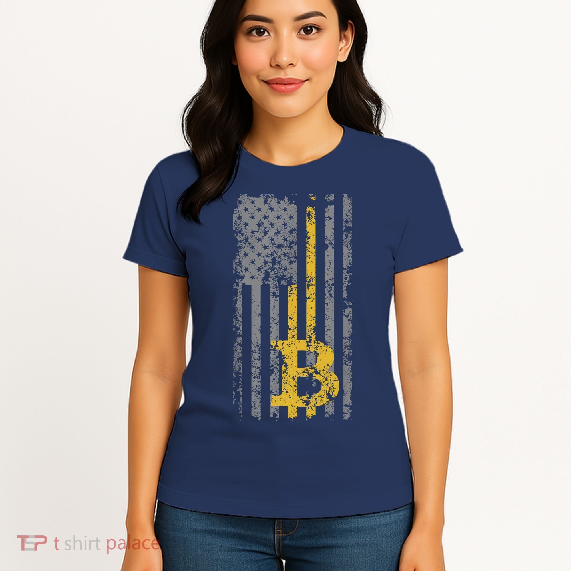 Bitcoin USA Flag Distressed Digital Currency Lover Women's T-Shirt