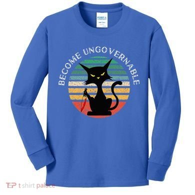 Become Ungovernable Funny Anarchy Cat Vintage Sunset Kids Long Sleeve Shirt