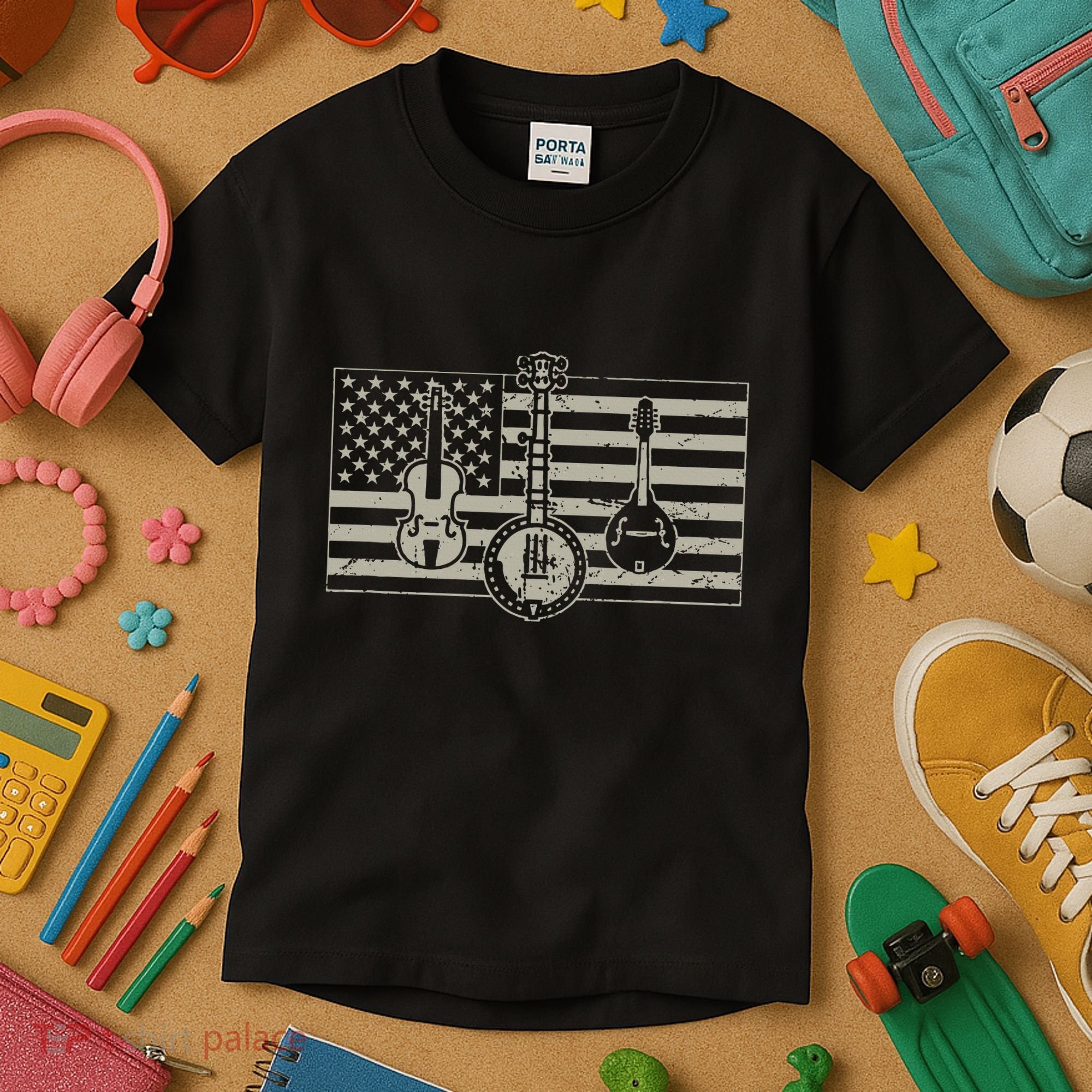 Bluegrass Usa Flag Guitar Banjo Mandolin Kids T-Shirt