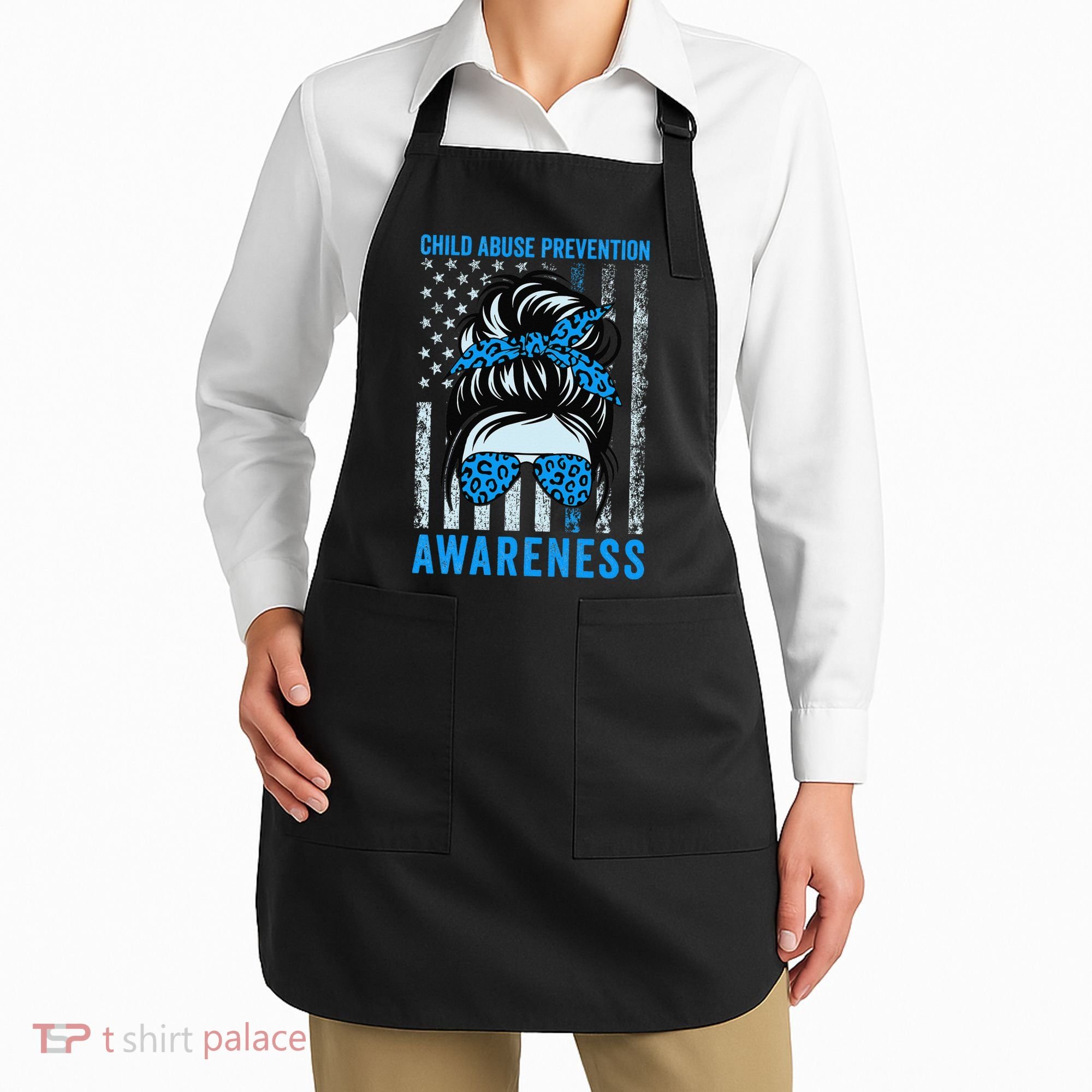 Blue US Flag Messy Bun Child Abuse Awareness Month Coquette Apron