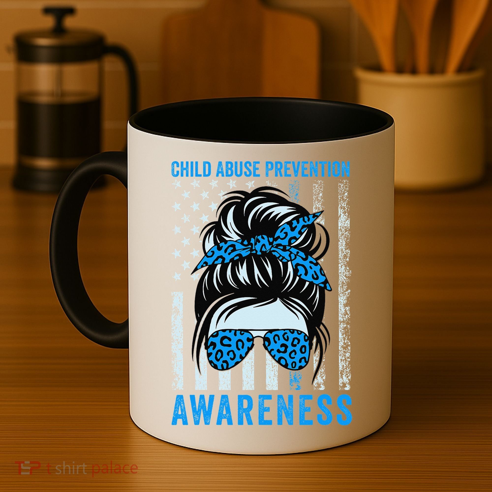 Blue US Flag Messy Bun Child Abuse Awareness Month Coquette Coffee Mug