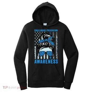 Blue US Flag Messy Bun Child Abuse Awareness Month Coquette Women's Hoodie