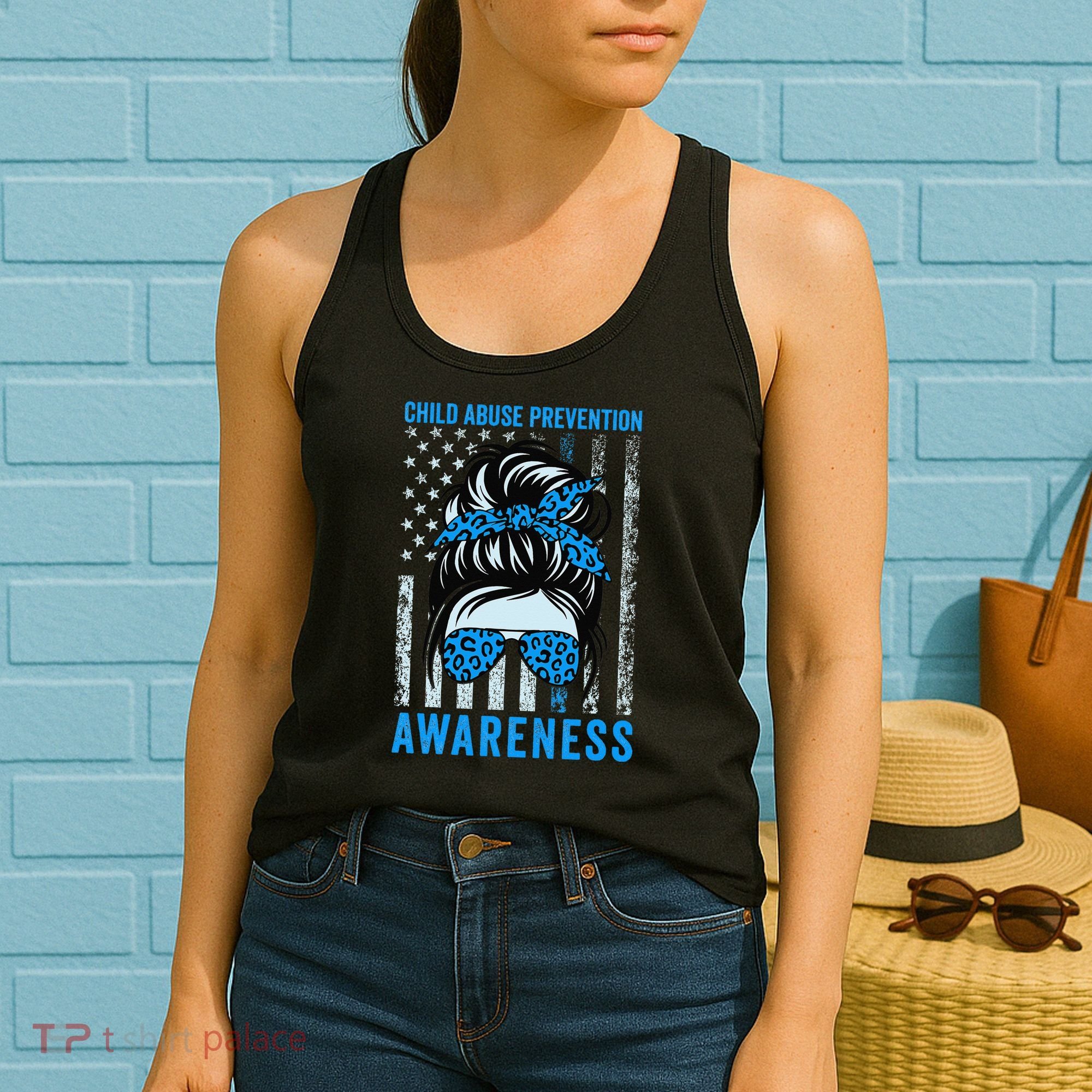 Blue US Flag Messy Bun Child Abuse Awareness Month Coquette Women's Tank Top