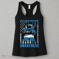 Blue US Flag Messy Bun Child Abuse Awareness Month Coquette Women's Tank Top thumb 3