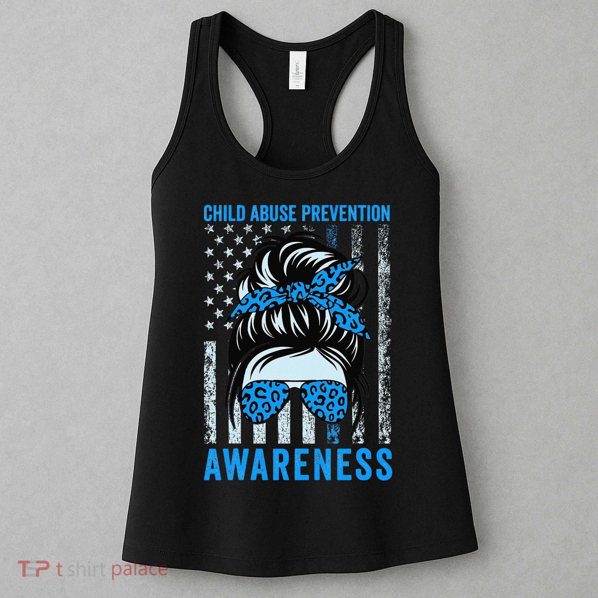 Blue US Flag Messy Bun Child Abuse Awareness Month Coquette Women's Tank Top