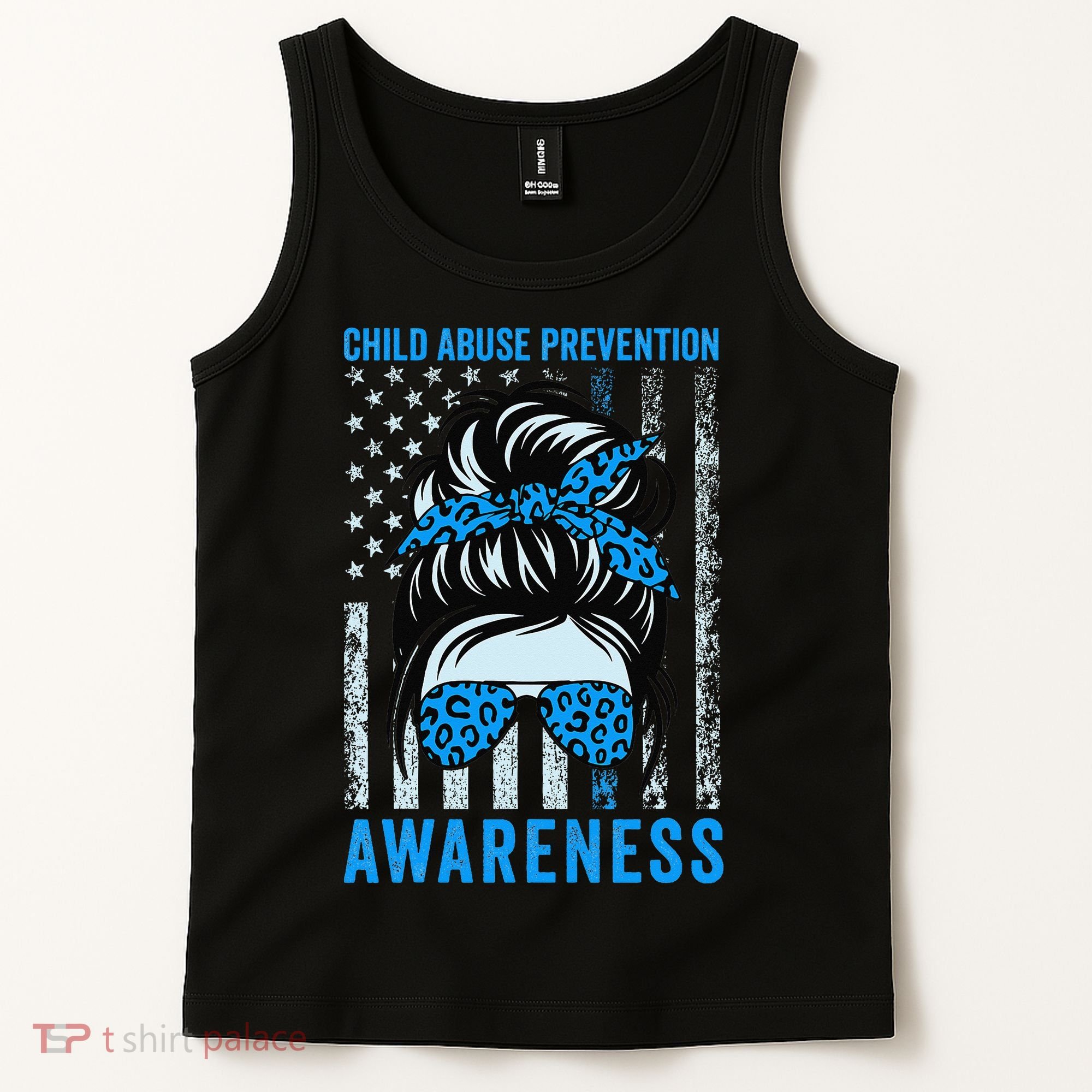 Blue US Flag Messy Bun Child Abuse Awareness Month Coquette Tank Top