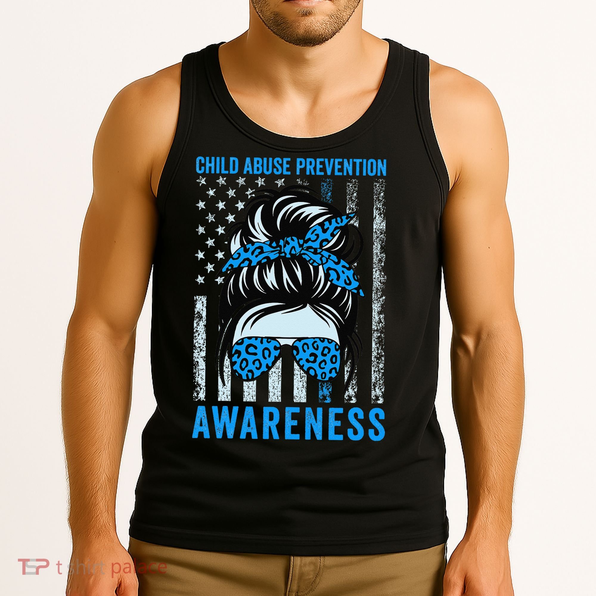 Blue US Flag Messy Bun Child Abuse Awareness Month Coquette Tank Top