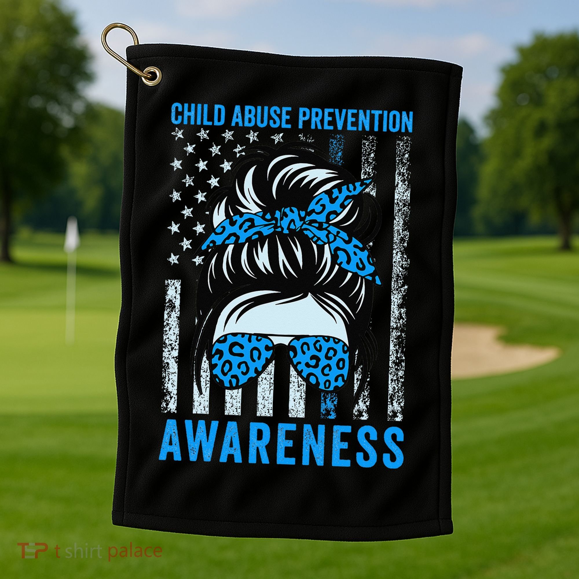 Blue US Flag Messy Bun Child Abuse Awareness Month Coquette Golf Towel