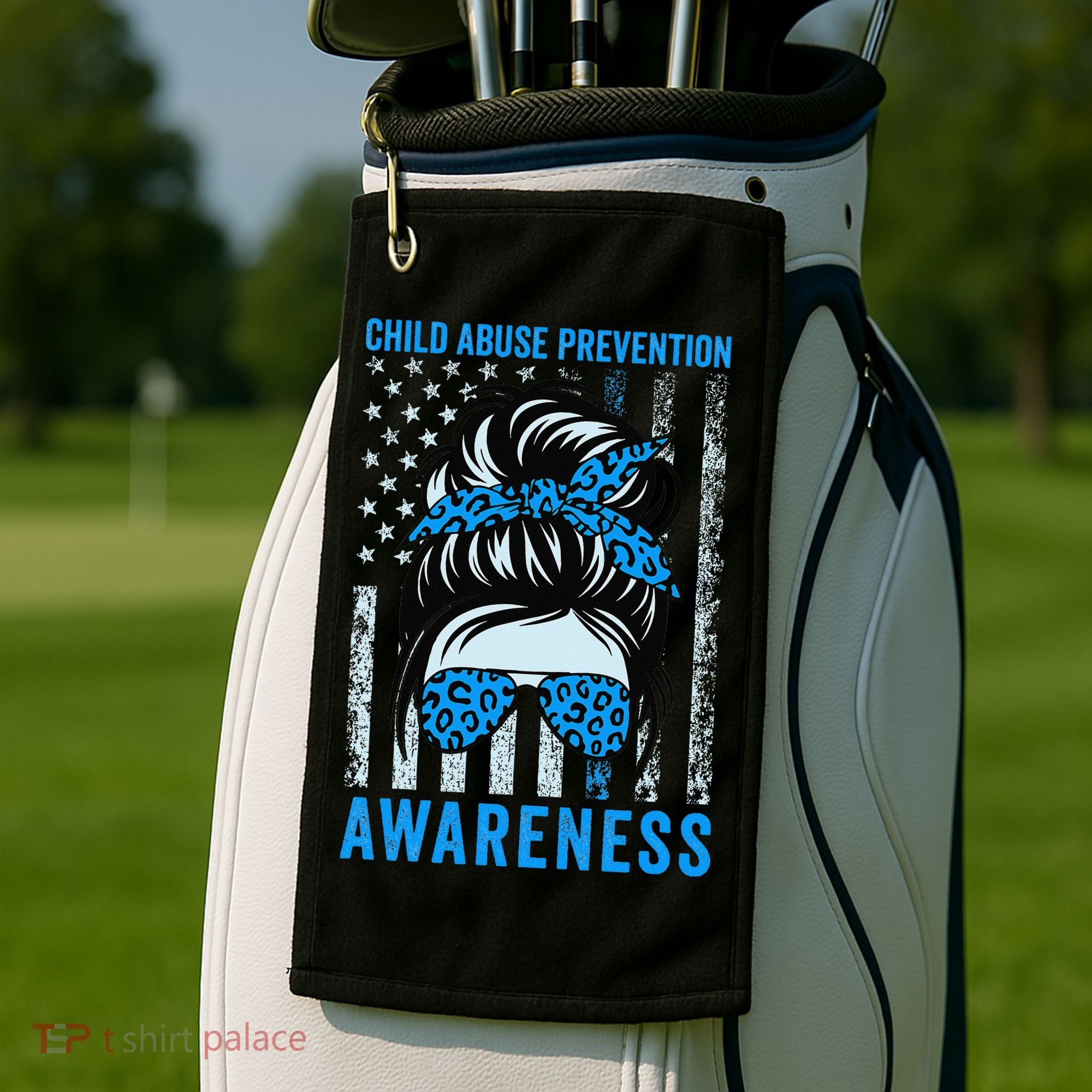 Blue US Flag Messy Bun Child Abuse Awareness Month Coquette Golf Towel