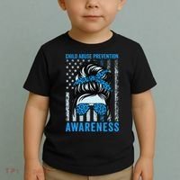 Blue US Flag Messy Bun Child Abuse Awareness Month Coquette Toddler T-Shirt thumb 2