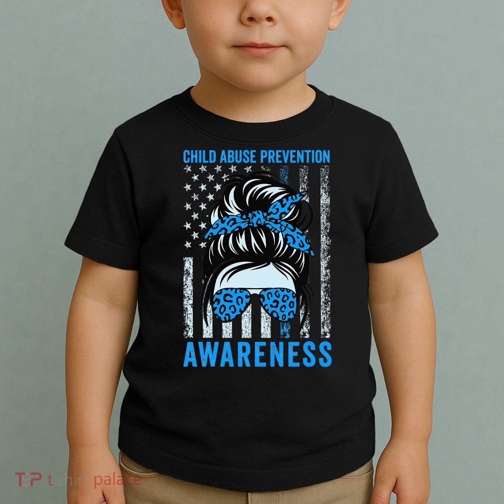 Blue US Flag Messy Bun Child Abuse Awareness Month Coquette Toddler T-Shirt