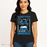 Blue US Flag Messy Bun Child Abuse Awareness Month Coquette Women's T-Shirt thumb 4