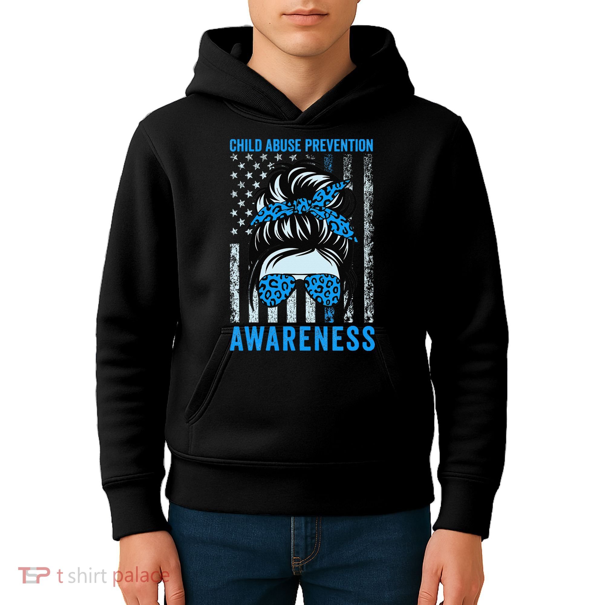Blue US Flag Messy Bun Child Abuse Awareness Month Coquette Kids Hoodie