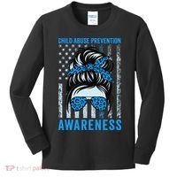Blue US Flag Messy Bun Child Abuse Awareness Month Coquette Kids Long Sleeve Shirt thumb 0
