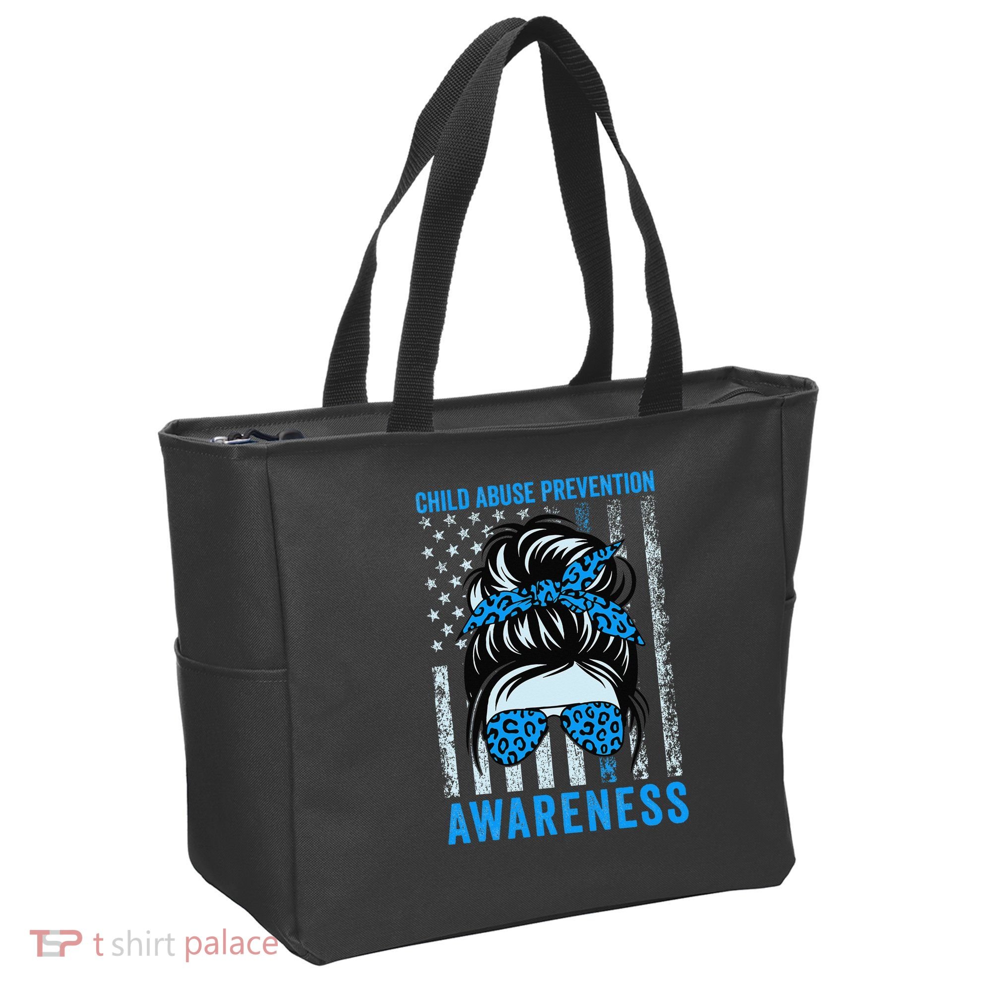 Blue US Flag Messy Bun Child Abuse Awareness Month Coquette Tote Bag
