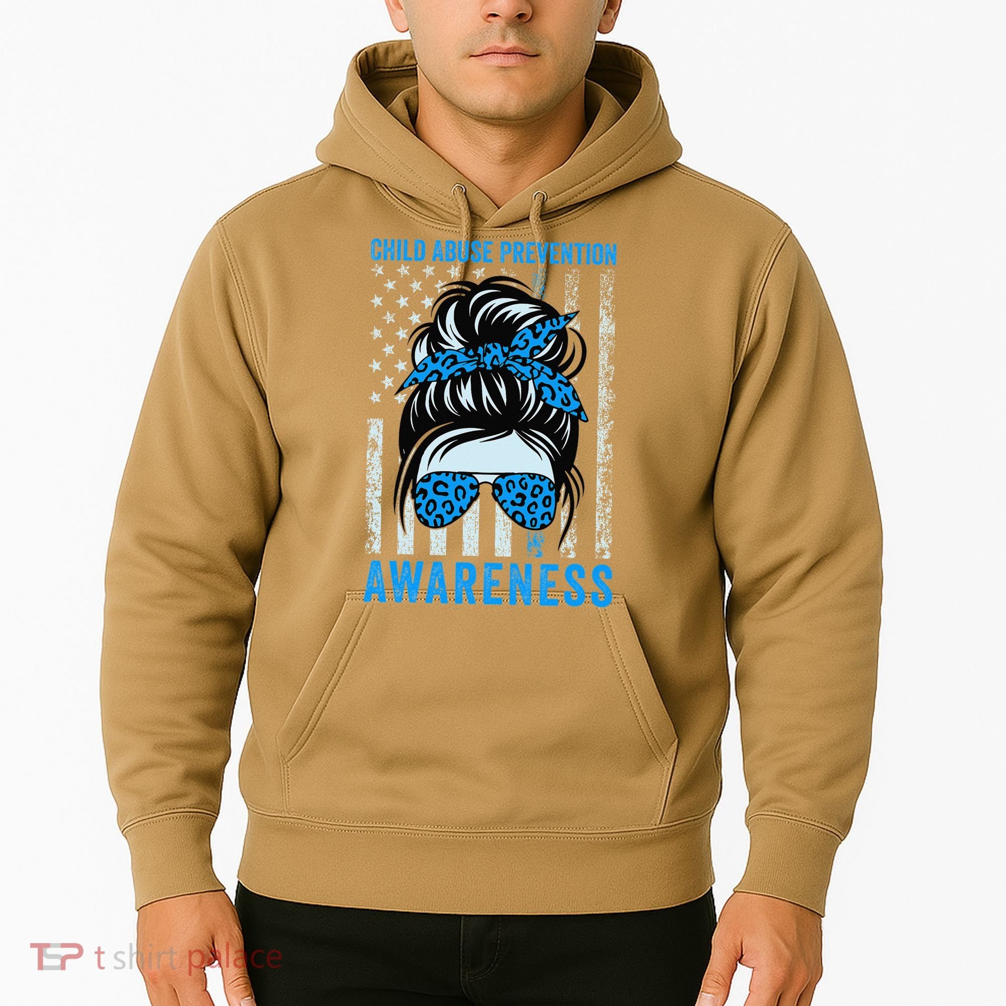 Blue US Flag Messy Bun Child Abuse Awareness Month Coquette Hoodie