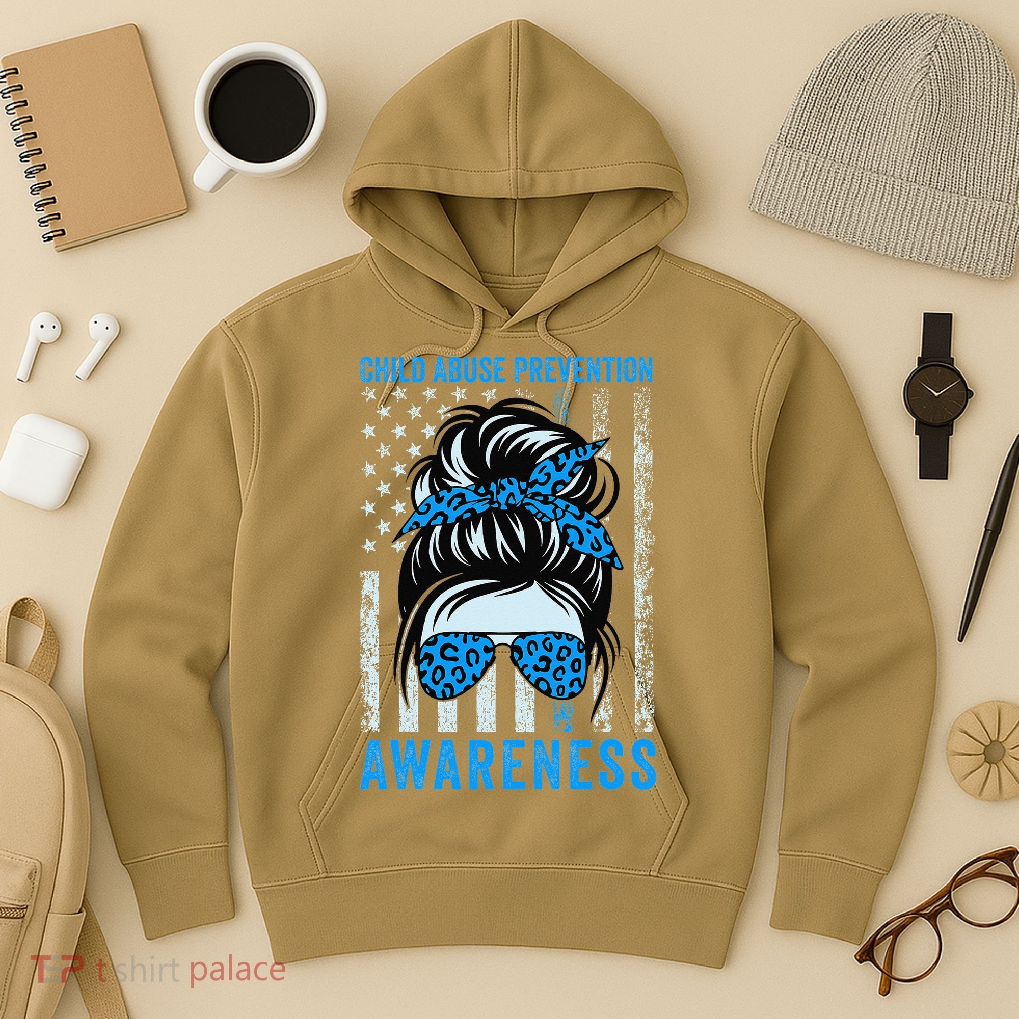 Blue US Flag Messy Bun Child Abuse Awareness Month Coquette Hoodie