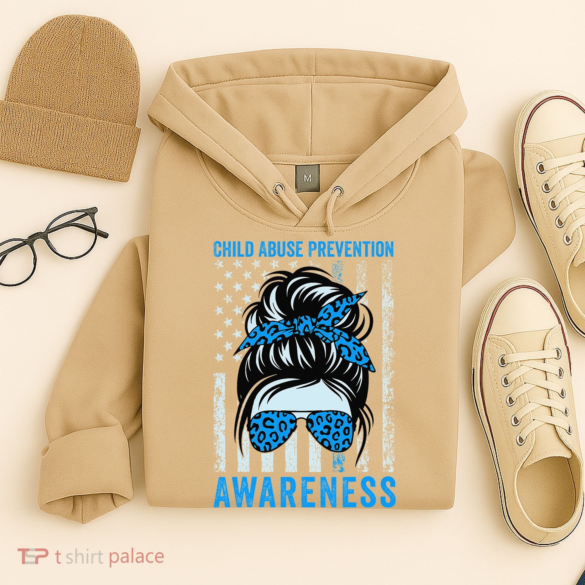 Blue US Flag Messy Bun Child Abuse Awareness Month Coquette Hoodie