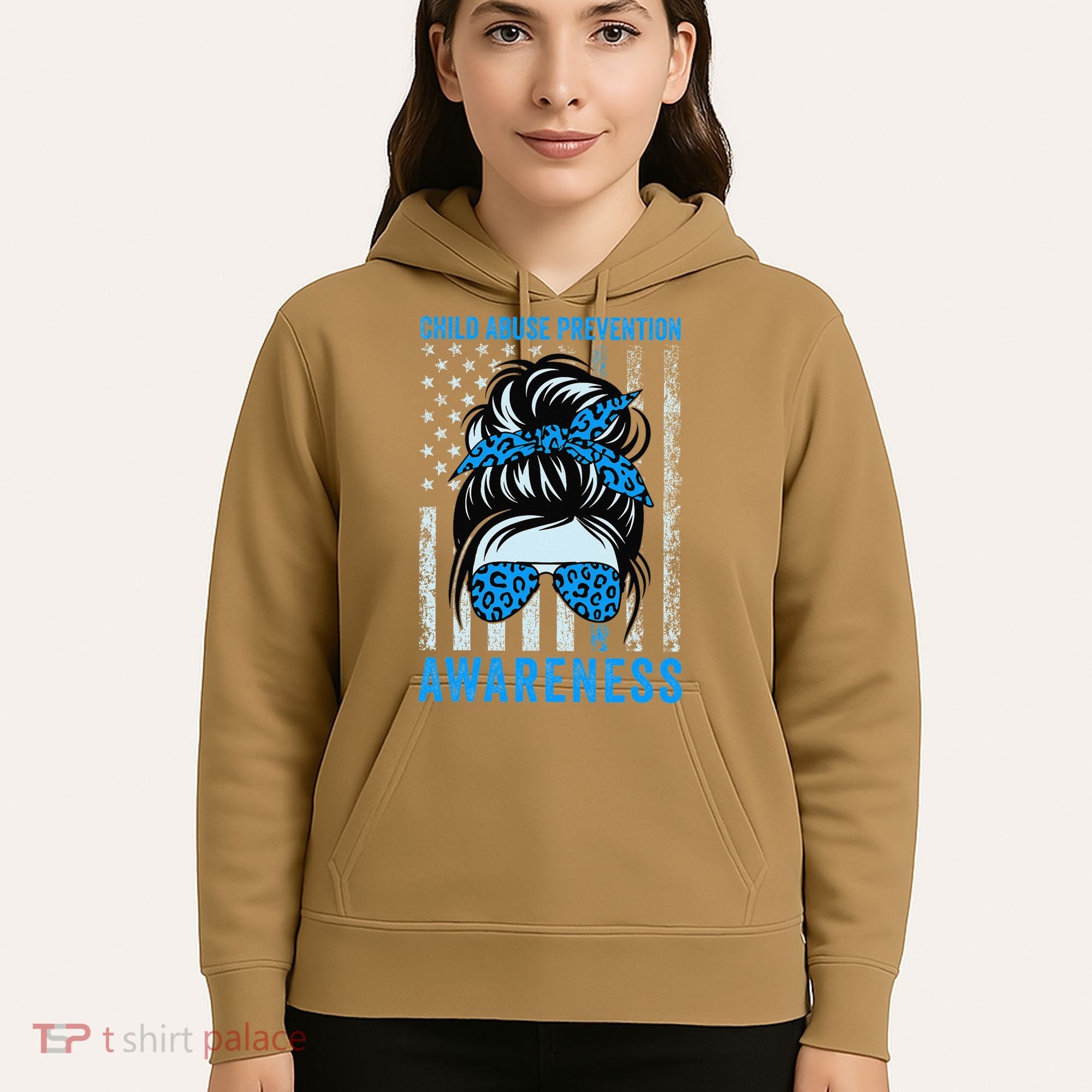 Blue US Flag Messy Bun Child Abuse Awareness Month Coquette Hoodie
