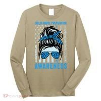 Blue US Flag Messy Bun Child Abuse Awareness Month Coquette Long Sleeve Shirt thumb 0