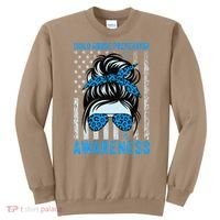 Blue US Flag Messy Bun Child Abuse Awareness Month Coquette Sweatshirt thumb 0