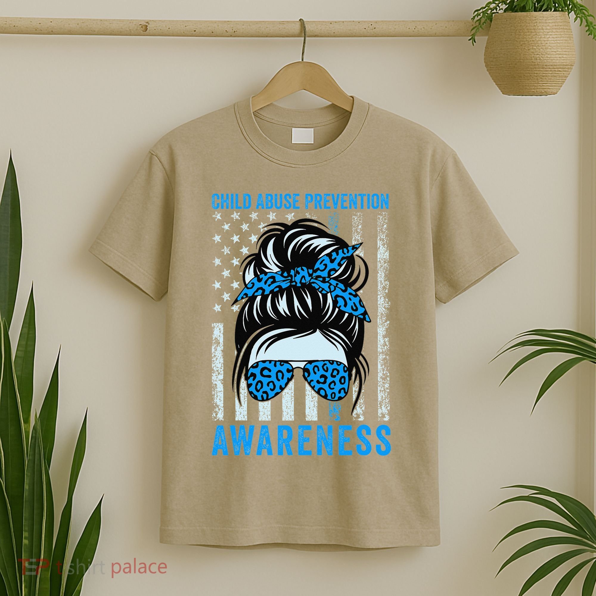 Blue US Flag Messy Bun Child Abuse Awareness Month Coquette T-Shirt