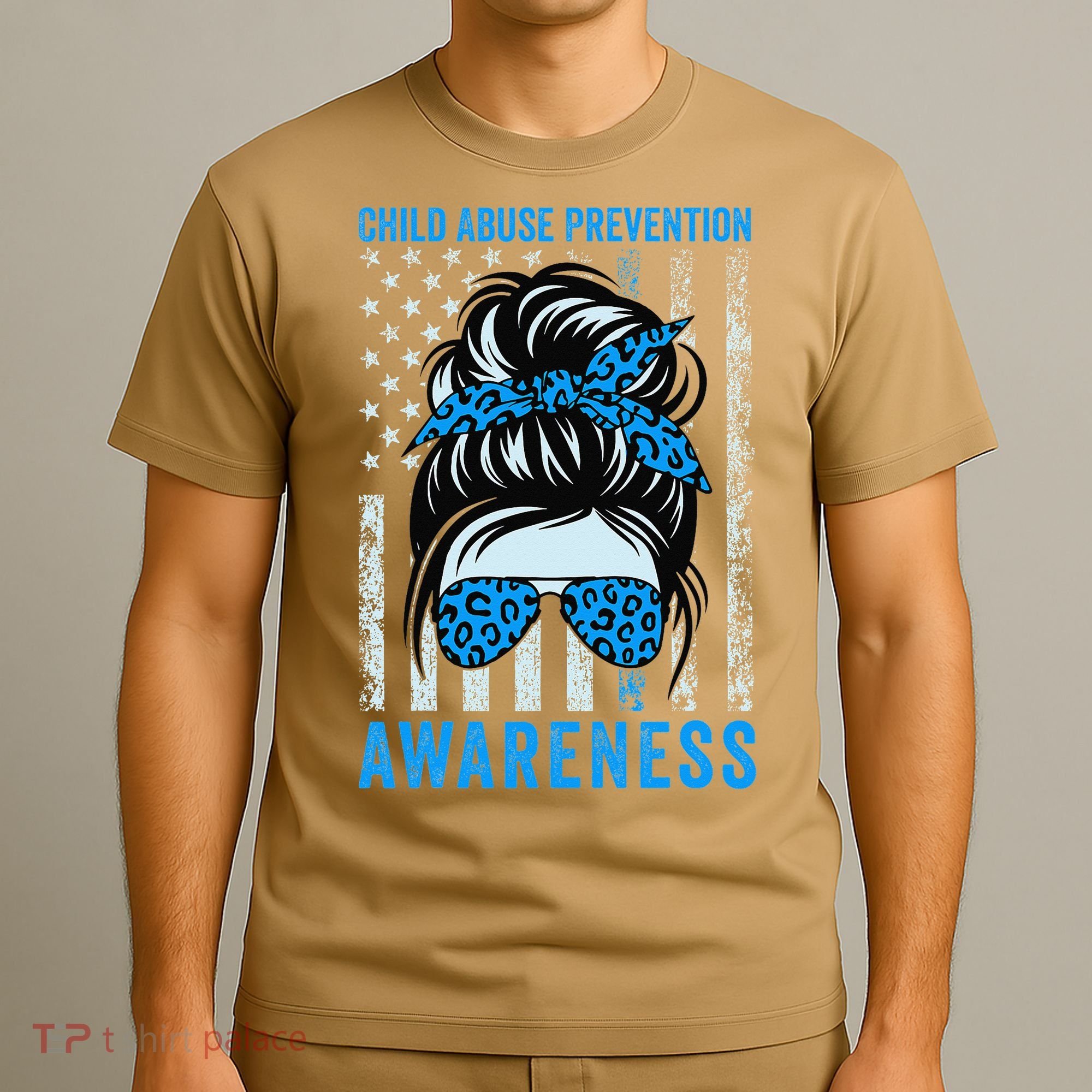 Blue US Flag Messy Bun Child Abuse Awareness Month Coquette T-Shirt