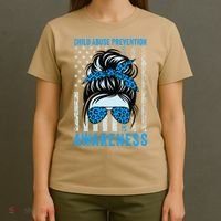 Blue US Flag Messy Bun Child Abuse Awareness Month Coquette T-Shirt thumb 4