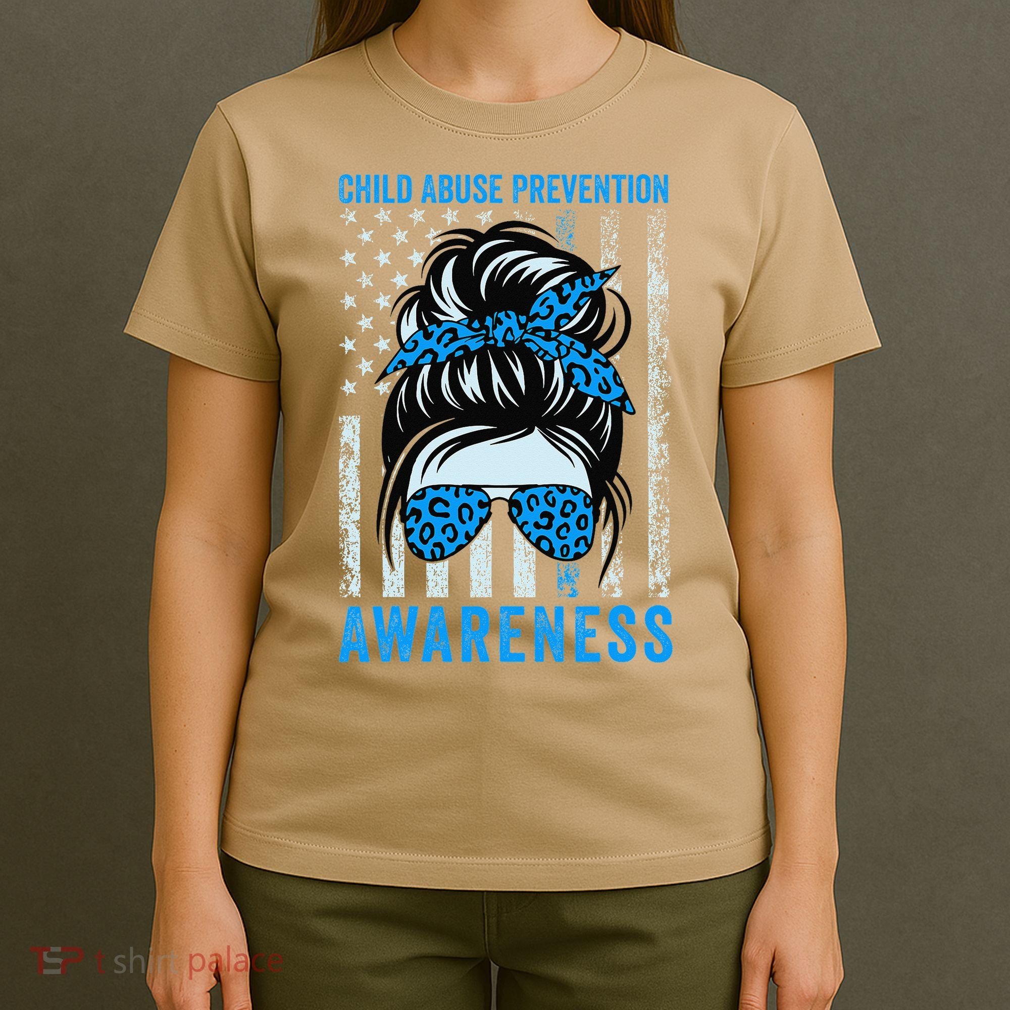 Blue US Flag Messy Bun Child Abuse Awareness Month Coquette T-Shirt