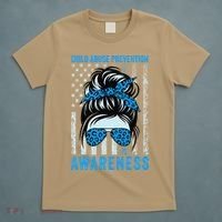 Blue US Flag Messy Bun Child Abuse Awareness Month Coquette T-Shirt thumb 5