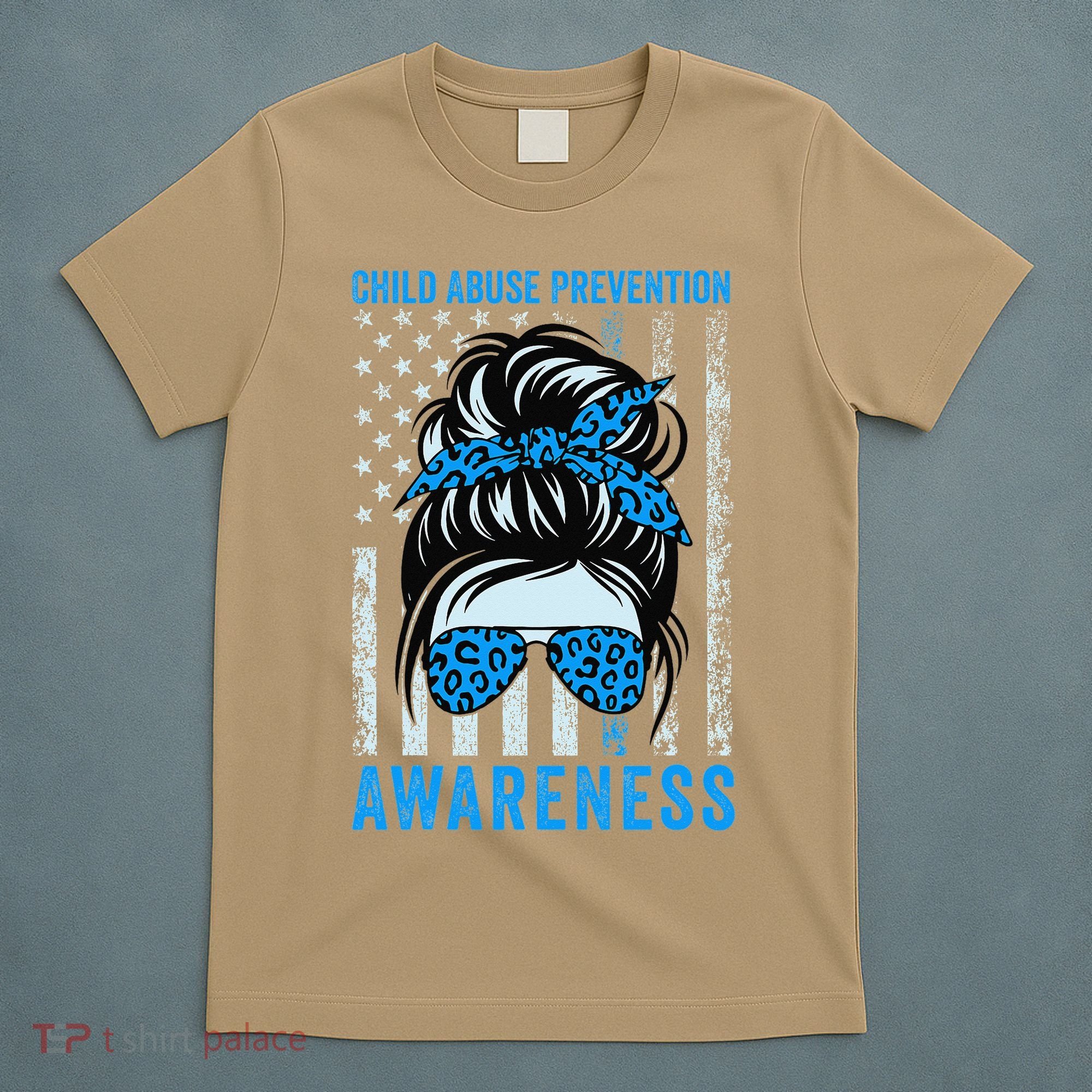 Blue US Flag Messy Bun Child Abuse Awareness Month Coquette T-Shirt