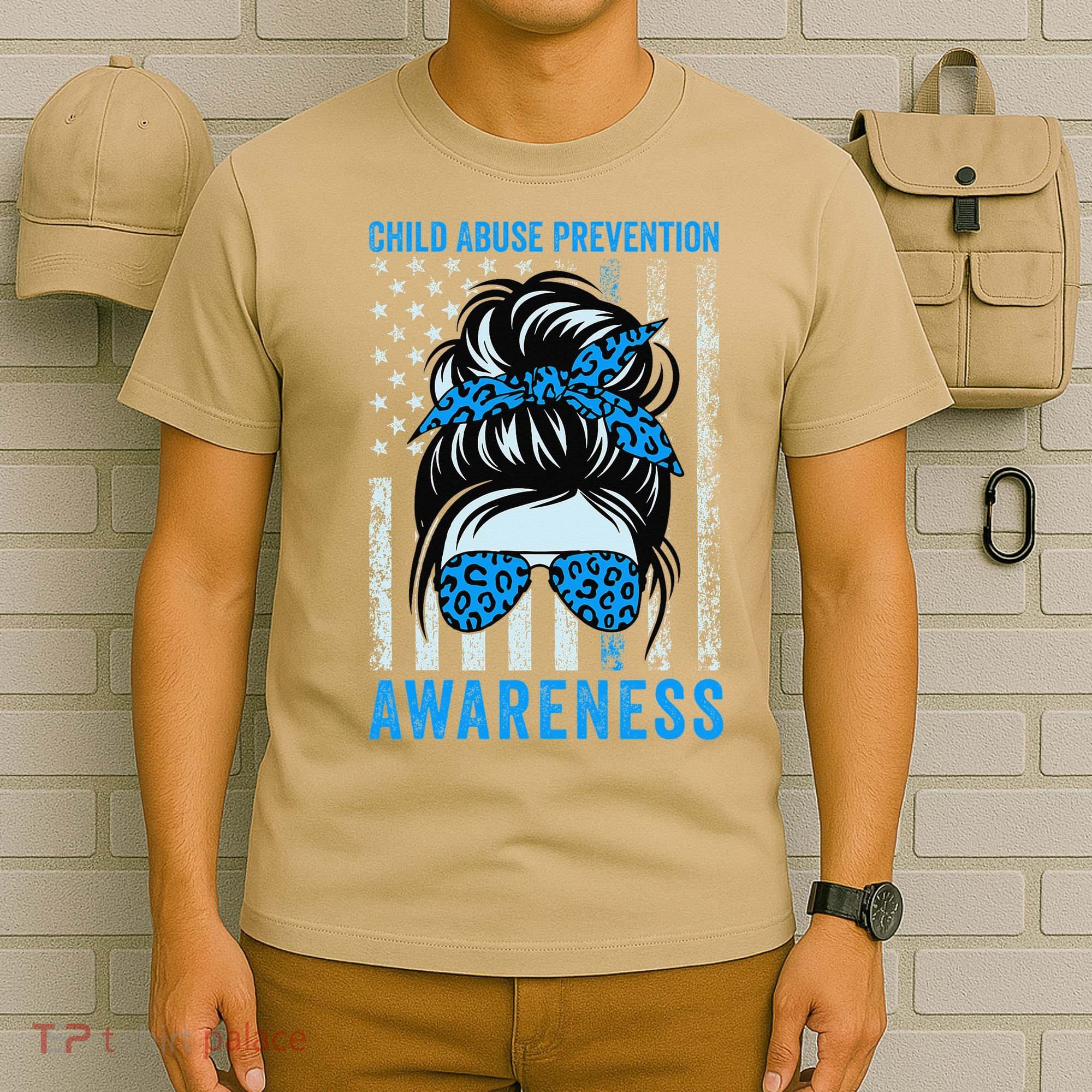 Blue US Flag Messy Bun Child Abuse Awareness Month Coquette T-Shirt
