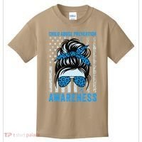 Blue US Flag Messy Bun Child Abuse Awareness Month Coquette Kids T-Shirt thumb 0