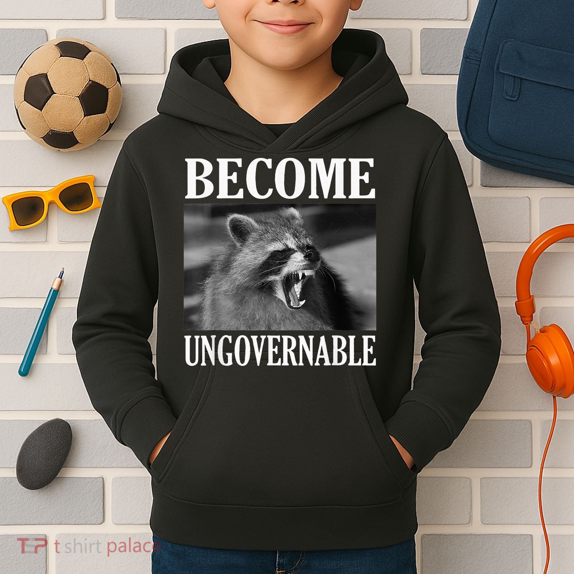 Become Ungovernable Funny Raccoon Face Meme Kids Hoodie