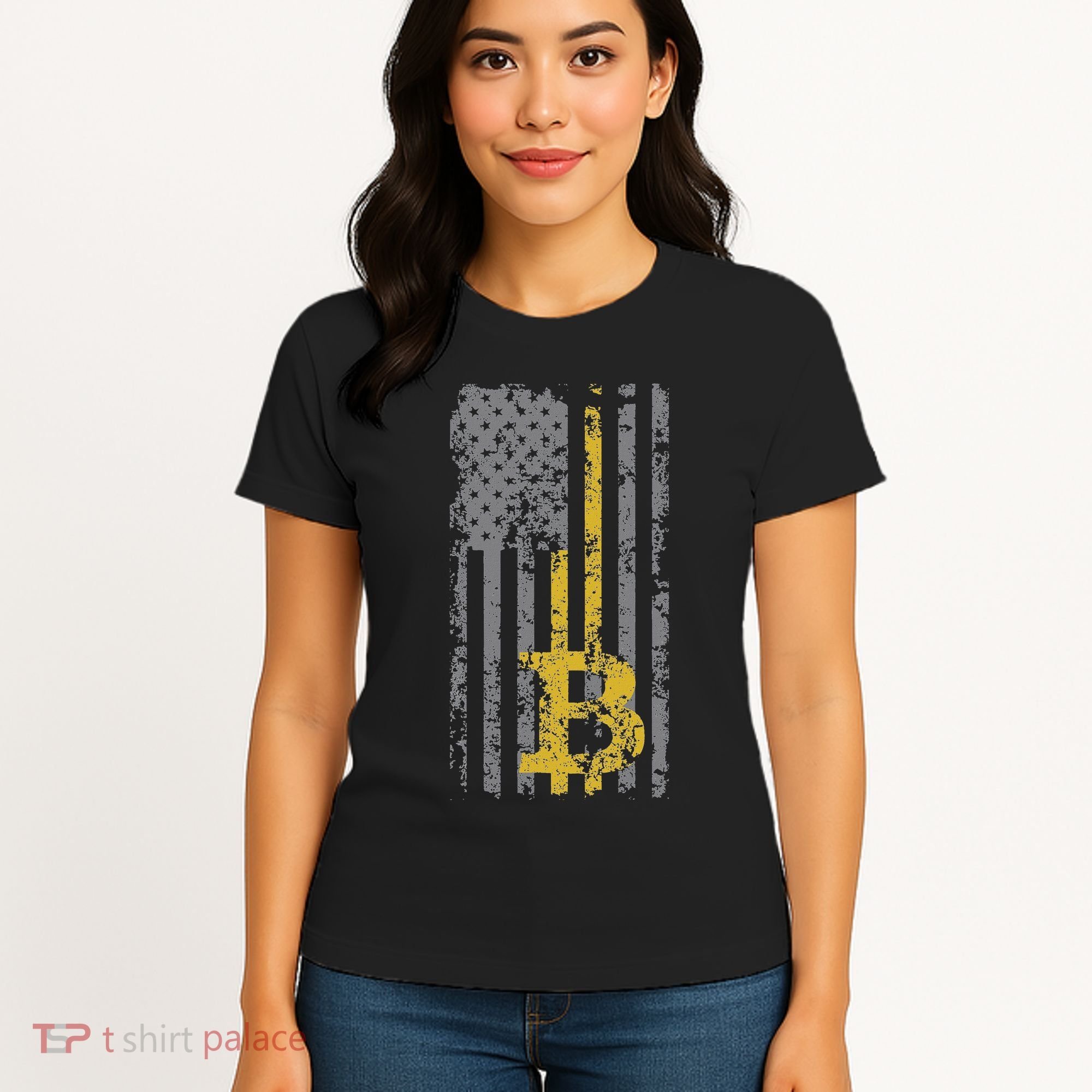 Bitcoin Usa Flag Distressed Digital Currency Lover Women's T-Shirt