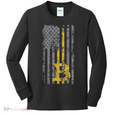 Bitcoin Usa Flag Distressed Digital Currency Lover Kids Long Sleeve Shirt