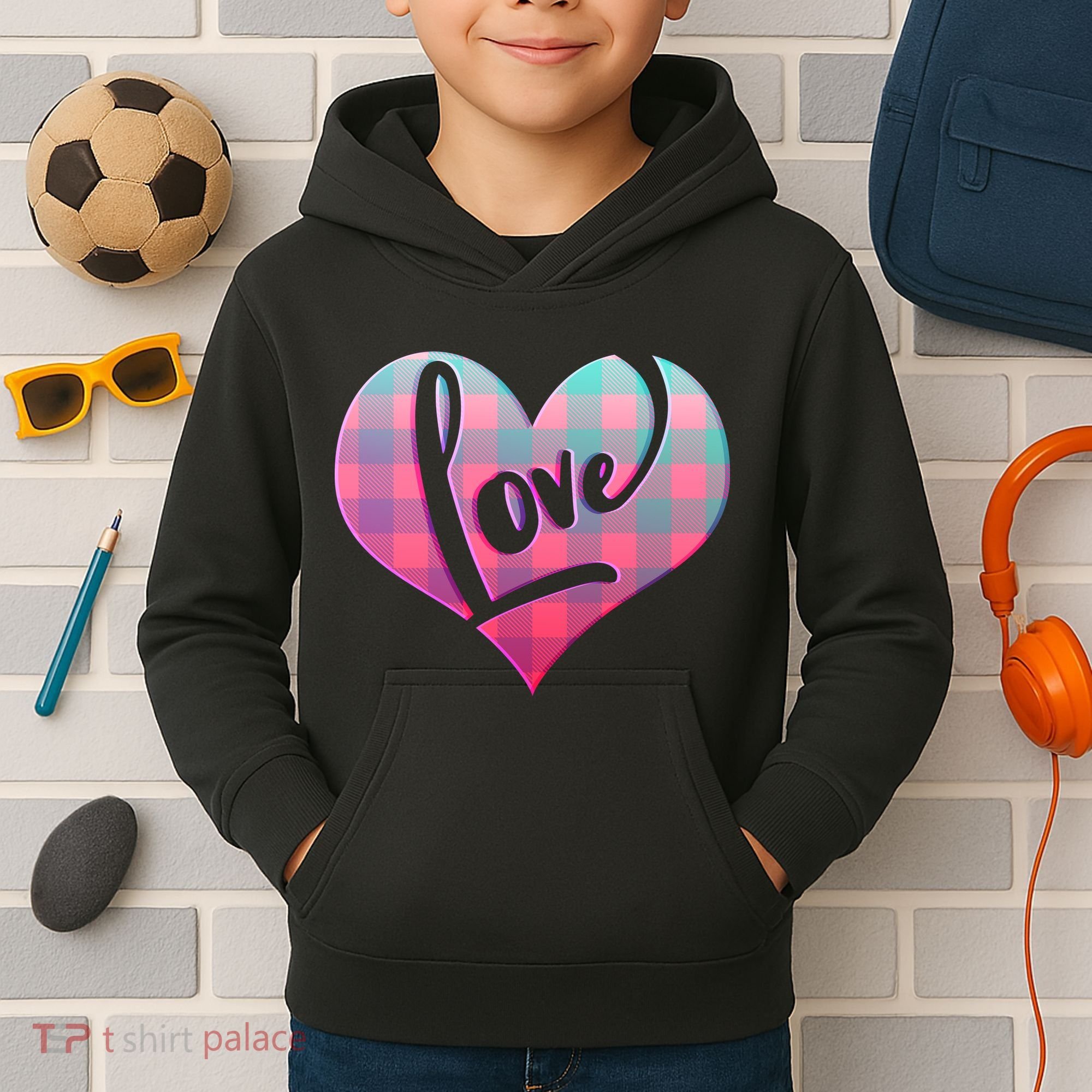 Buffalo Plaid Love Heart Valentines Day Kids Hoodie