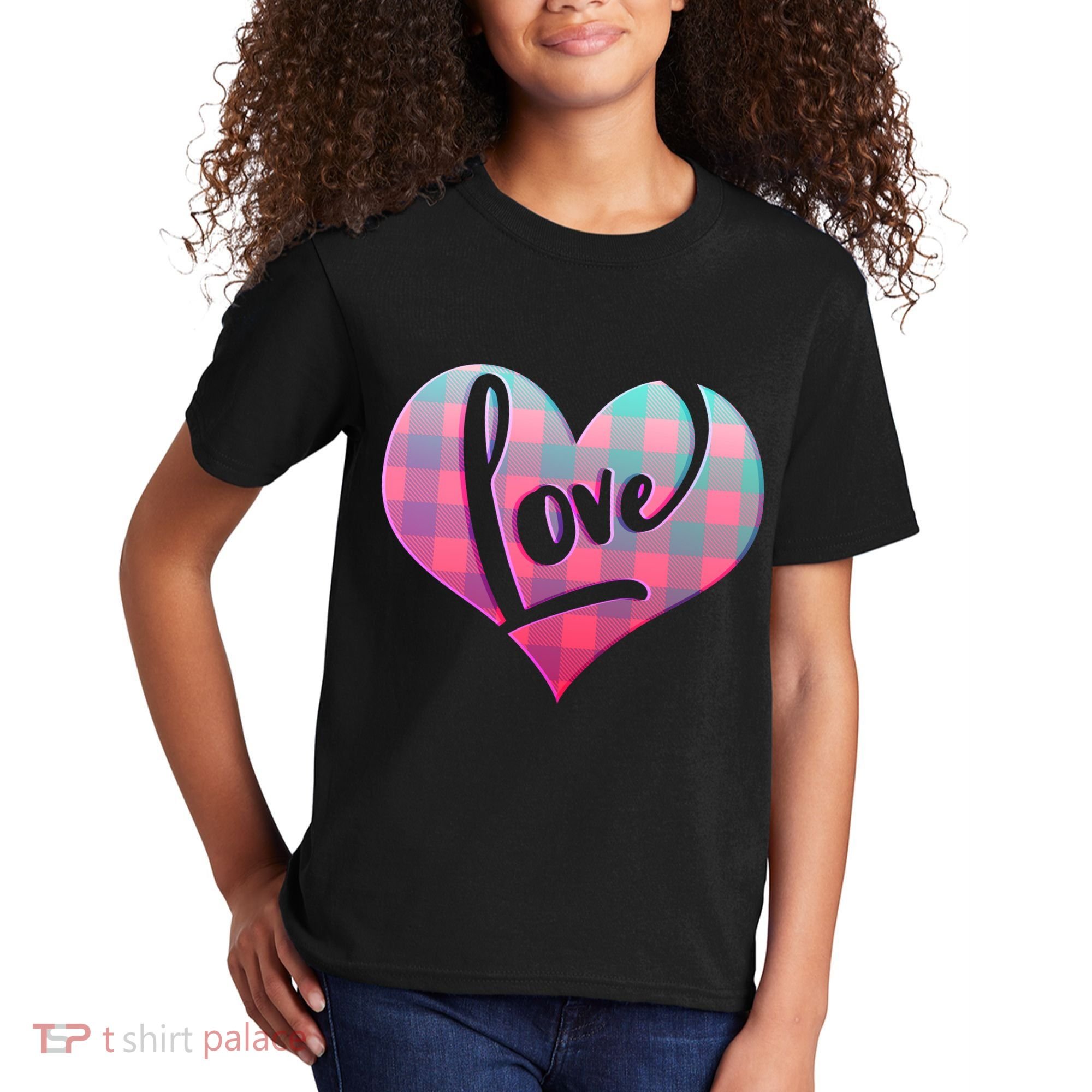 Buffalo Plaid Love Heart Valentines Day Kids T-Shirt