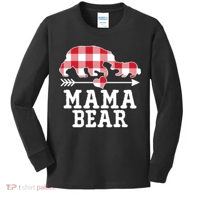 Buffalo Plaid Mama Bear Kids Long Sleeve Shirt