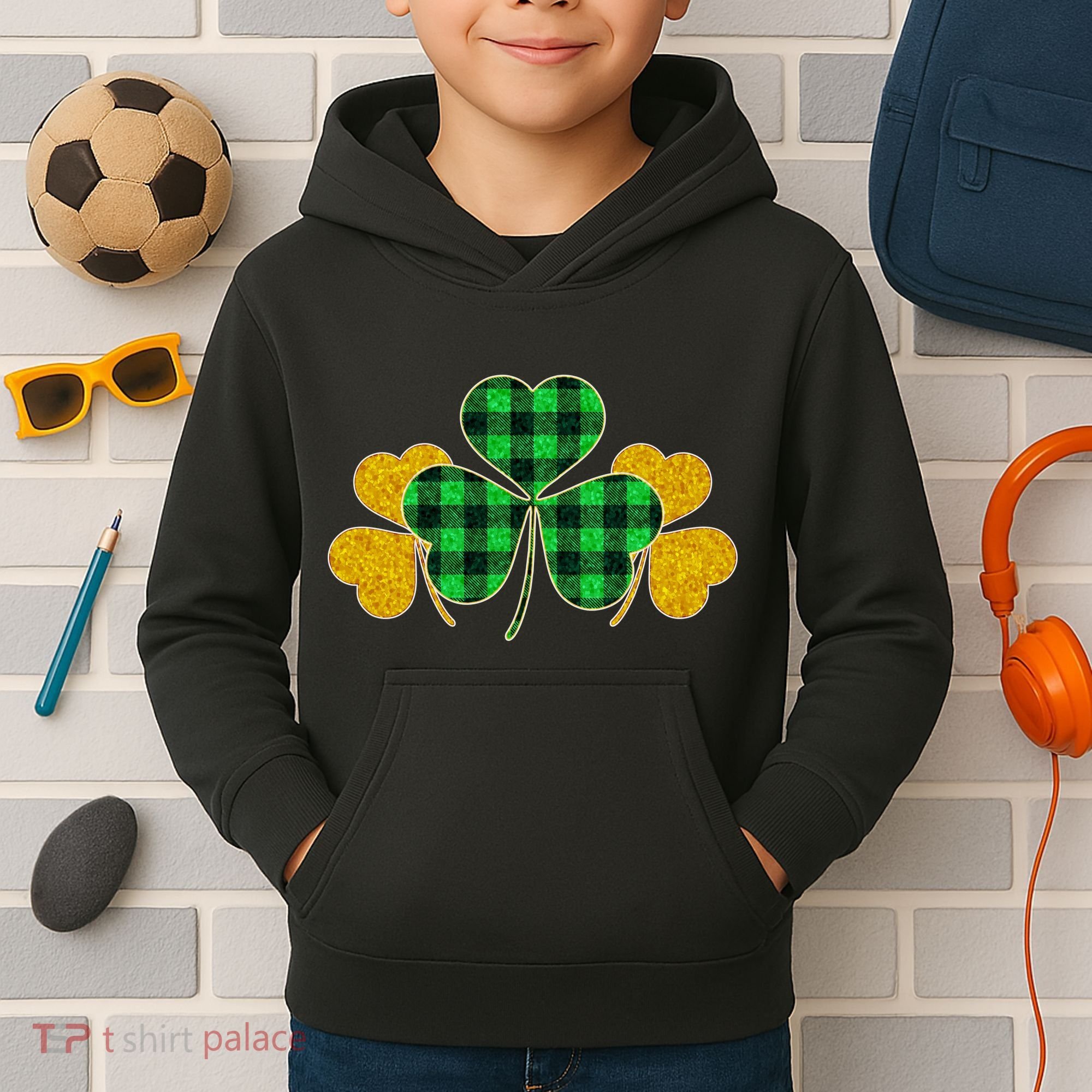 Buffalo Shamrock Plaid Irish Clovers Kids Hoodie