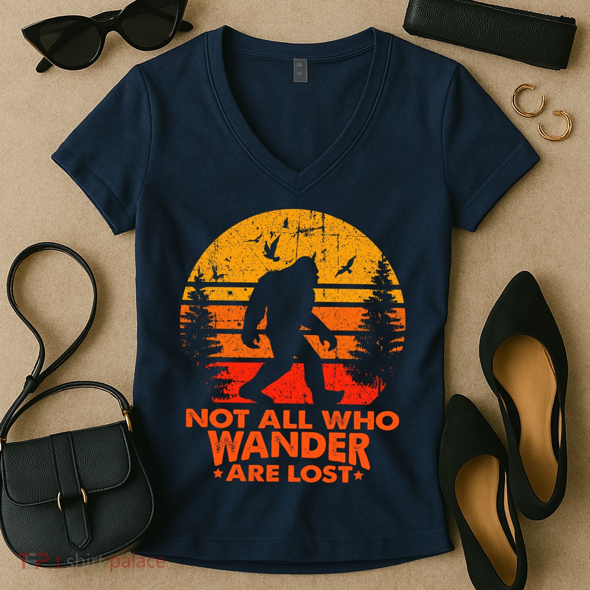 Bigfoot Undefeated Hide And Seek Champion Distressed Sunset Women's V-Neck T-Shirt