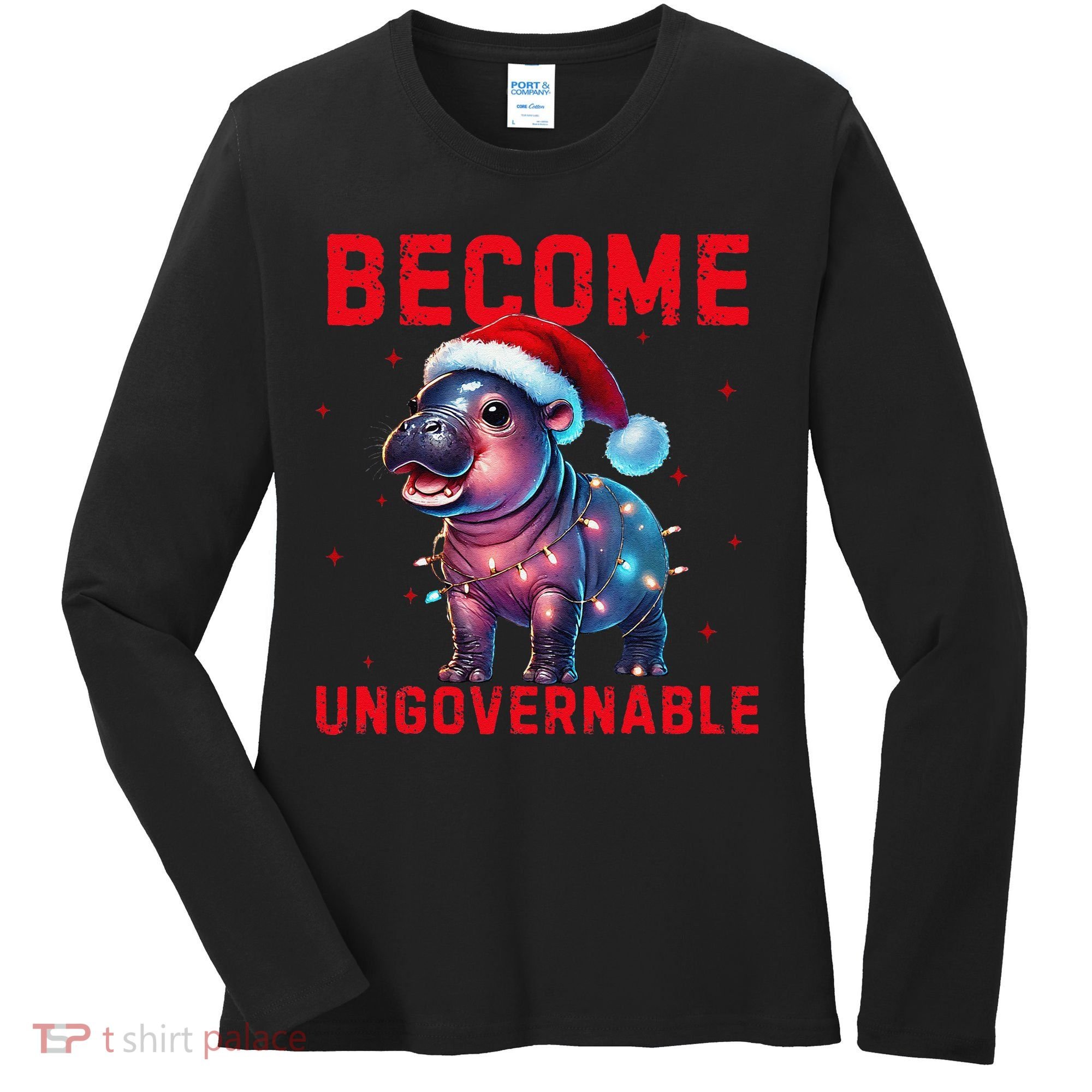 Become Ungovernable Hippo Christmas Lights Fun Funny Women's Long Sleeve Shirt