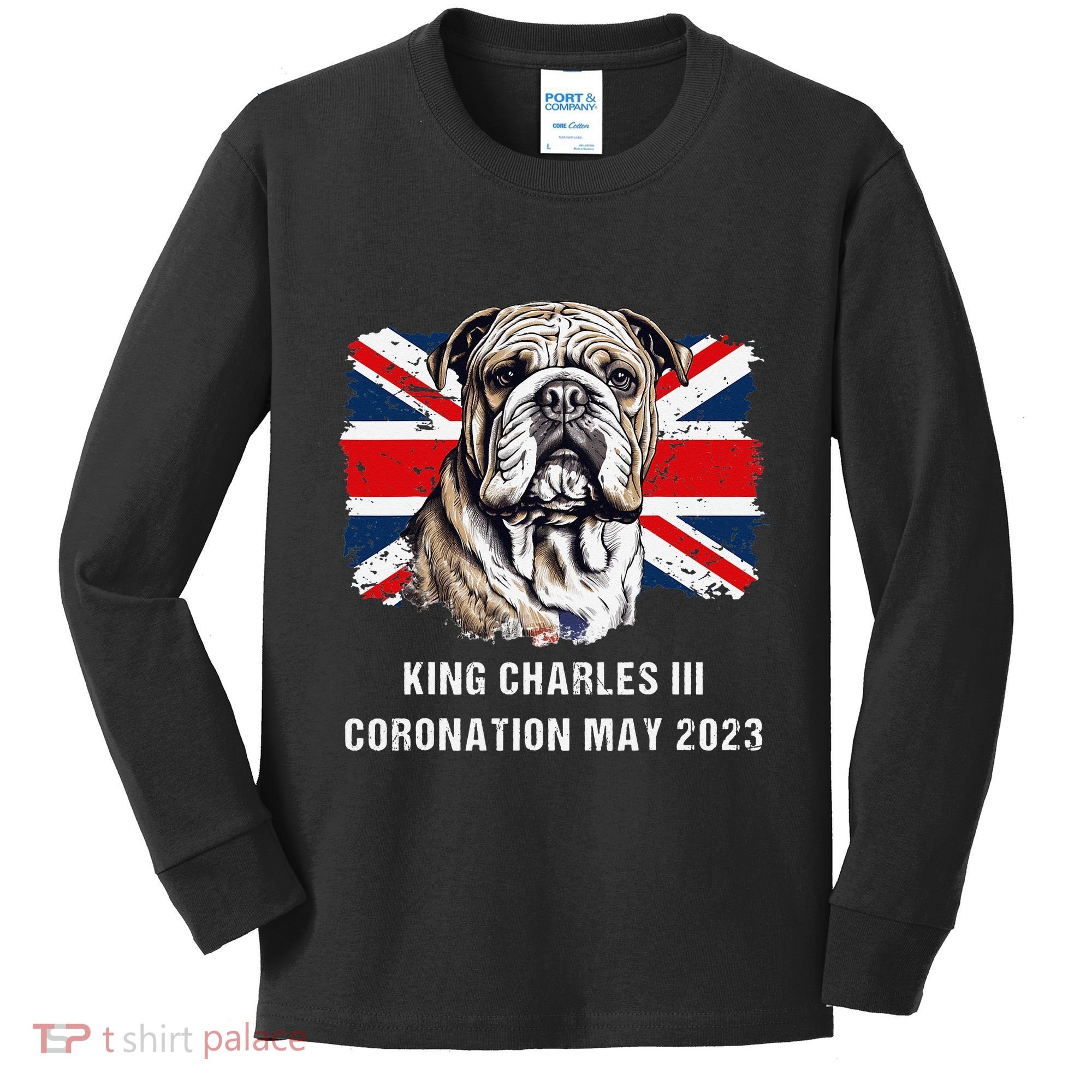 Bulldog Union Jack King Charles Coronation Kids Long Sleeve Shirt