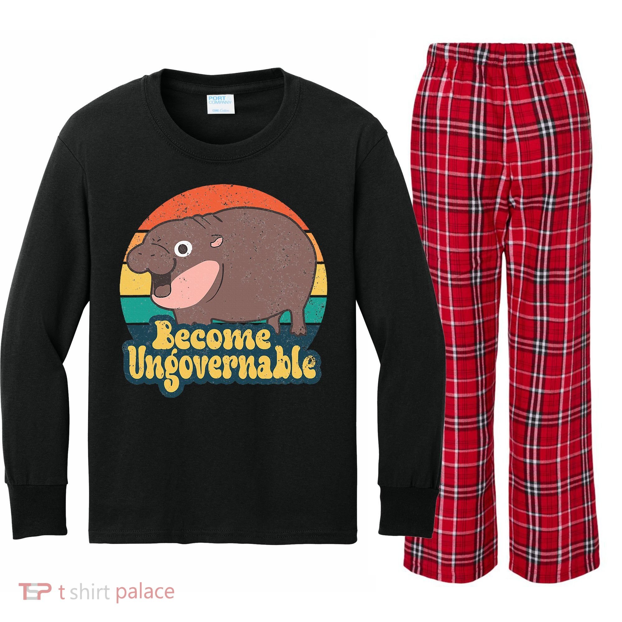 Become Ungovernable Moo Deng Humor Kids Long Sleeve Plaid Pajama Set