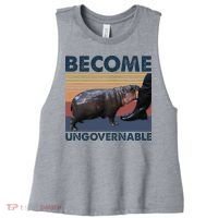 Become Ungovernable Moo Deng Cute Baby Hippo Funny Hippo Women's Racerback Cropped Tank thumb 0
