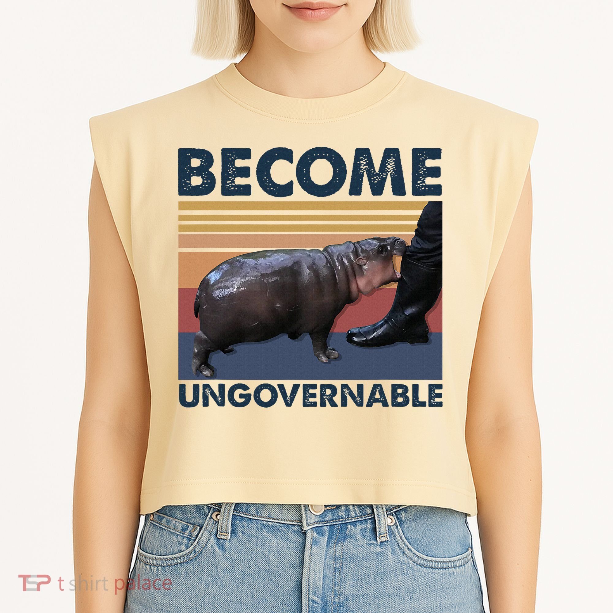 Become Ungovernable Moo Deng Cute Baby Hippo Funny Hippo Garment-Dyed Women's Muscle Tee