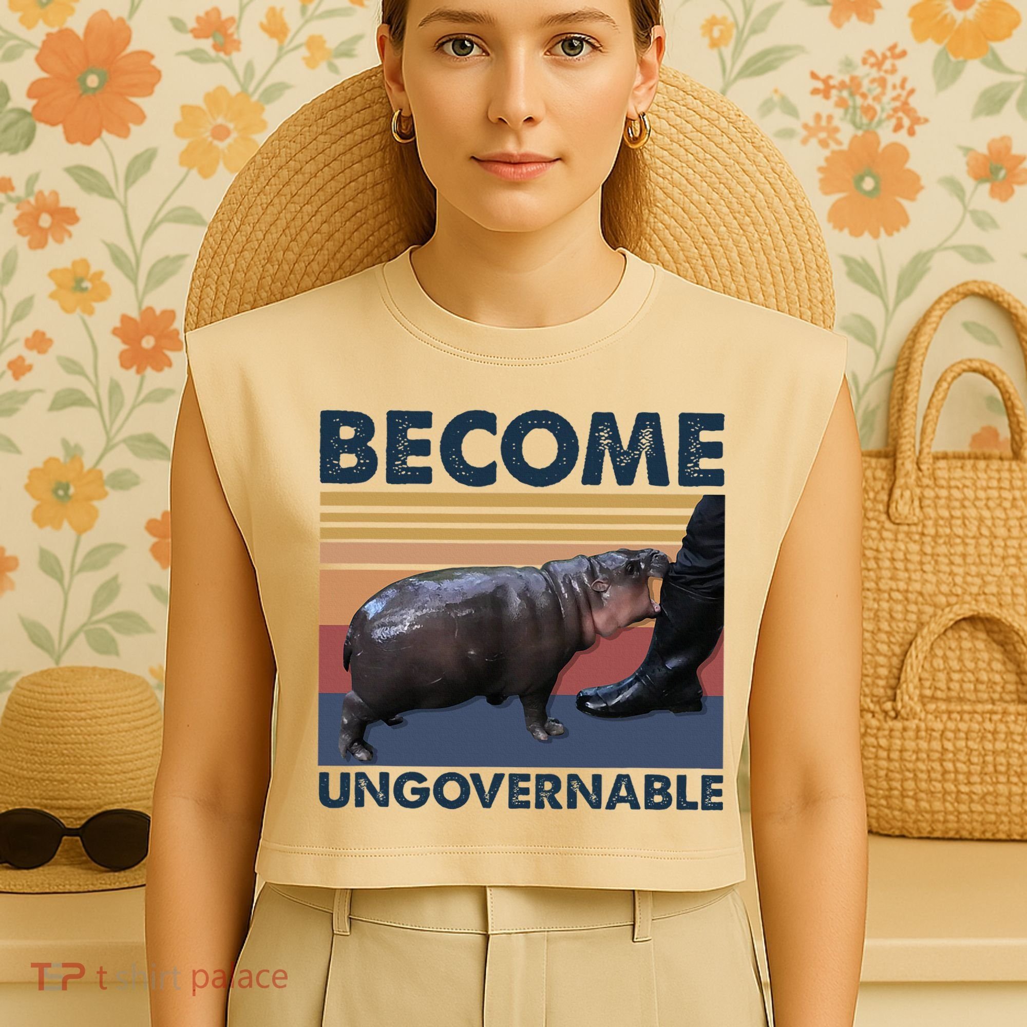 Become Ungovernable Moo Deng Cute Baby Hippo Funny Hippo Garment-Dyed Women's Muscle Tee