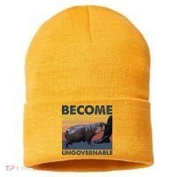 Become Ungovernable Moo Deng Cute Baby Hippo Funny Hippo Sustainable Knit Beanie thumb 0