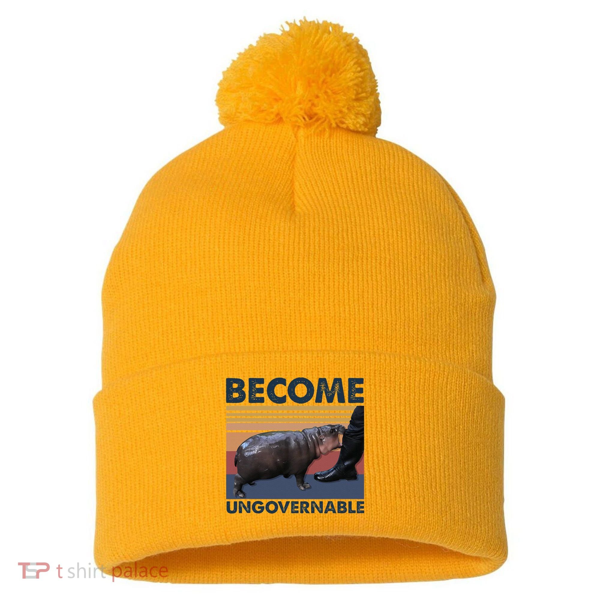 Become Ungovernable Moo Deng Cute Baby Hippo Funny Hippo Pom Pom 12in Knit Beanie