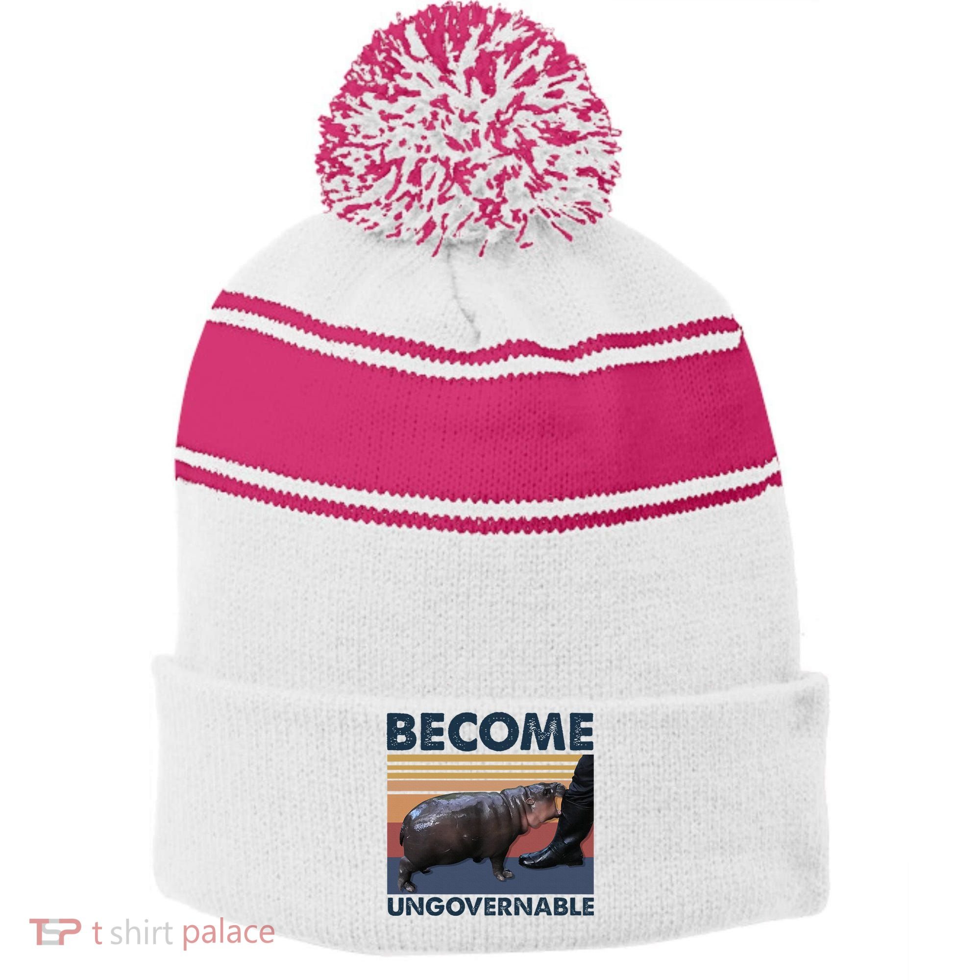 Become Ungovernable Moo Deng Cute Baby Hippo Funny Hippo Stripe Pom Pom Beanie